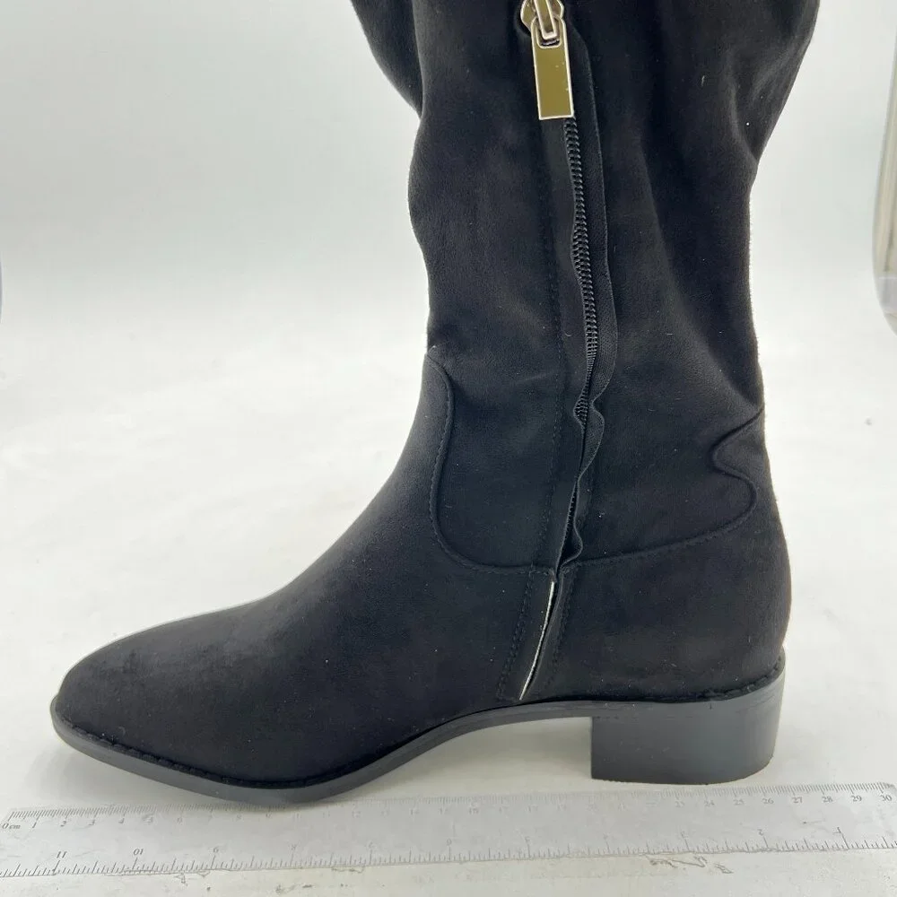 Black Suede Women Over The Knee Boots Comfy Chunky Heel Side Zipper Office Shoe
